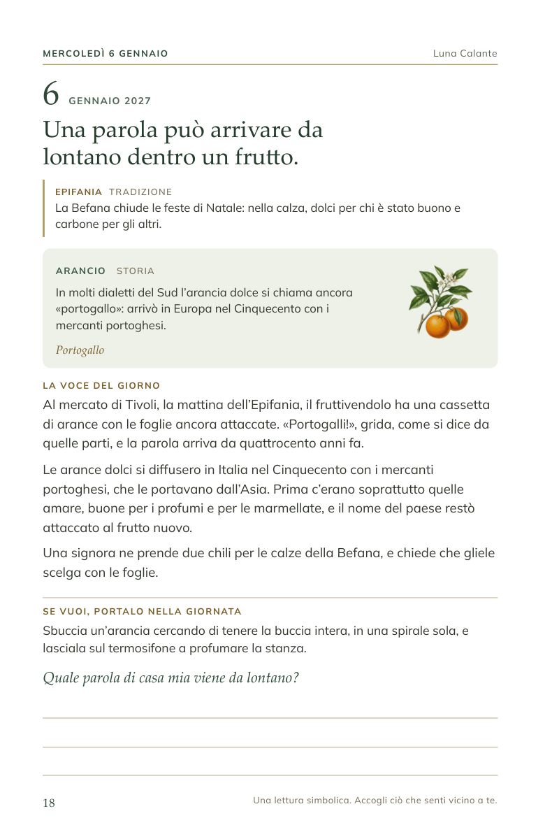 La pagina del 6 gennaio: l'arancio, la Befana e il gesto della buccia a spirale
