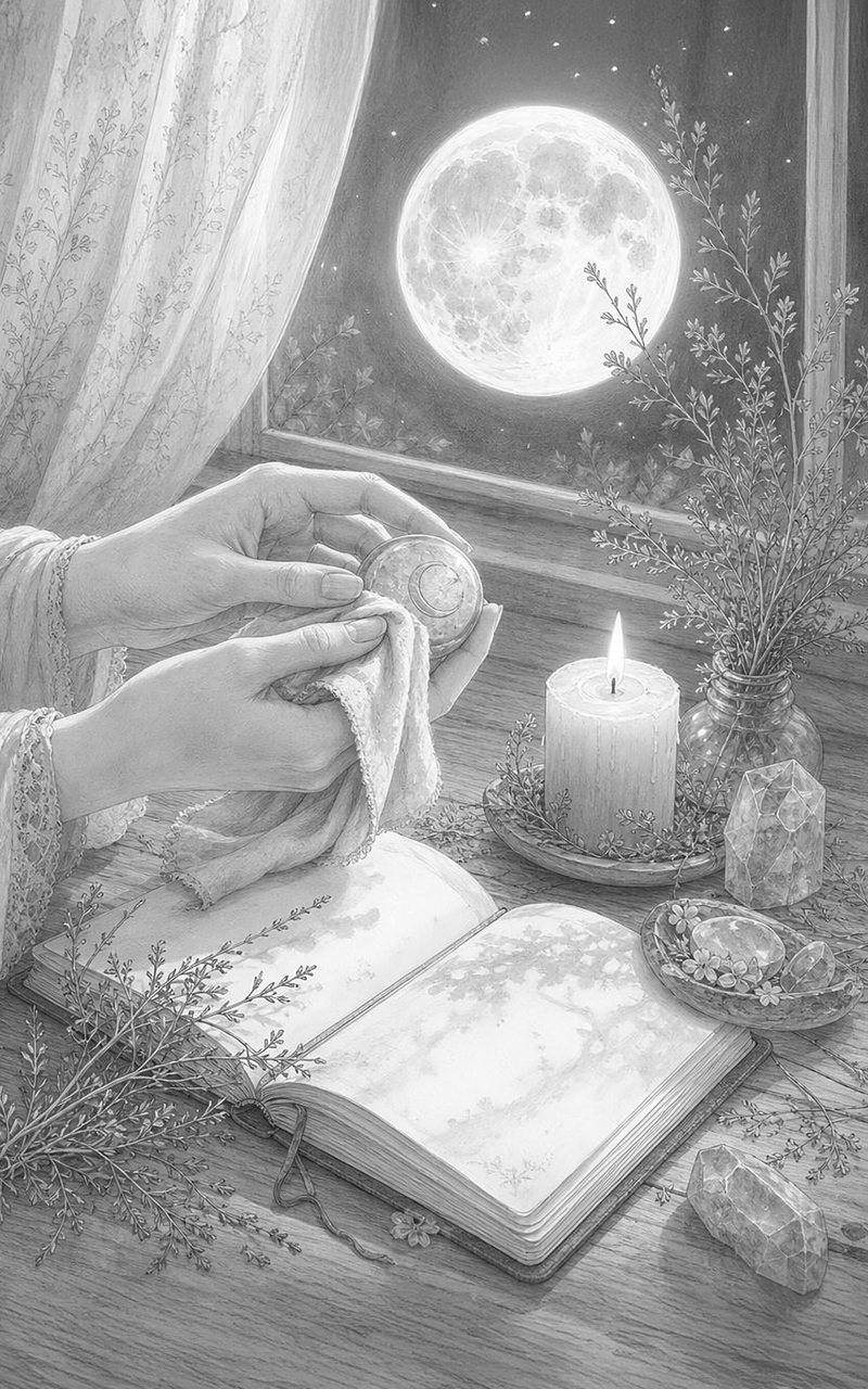 Tavola della Luna Piena: mani che puliscono una pietra accanto a una candela e a un diario aperto, sotto la Luna alla finestra