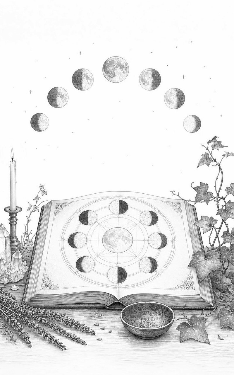 Tavola della Ruota delle Otto Fasi: un libro aperto con le fasi lunari disegnate in cerchio