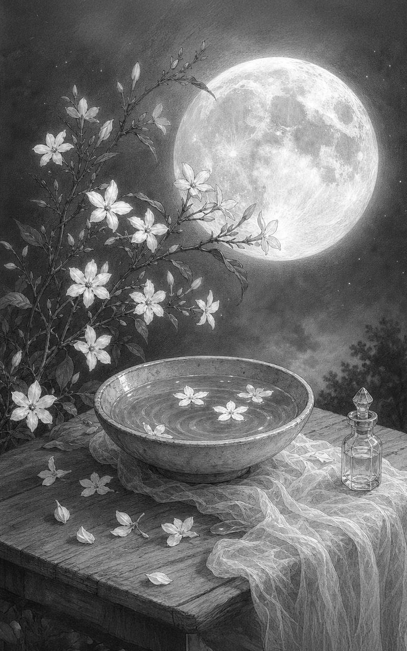 Tavola del gelsomino: fiori bianchi e una ciotola d'acqua con petali sotto la Luna Piena