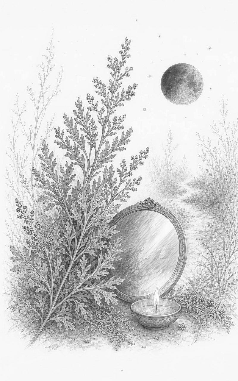Tavola dell'artemisia: la pianta, uno specchio e un lumino sotto la Luna Oscura