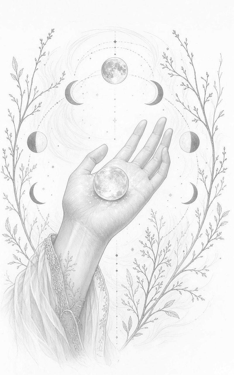 Tavola della pietra di luna: una mano aperta con la pietra, circondata dalle fasi lunari
