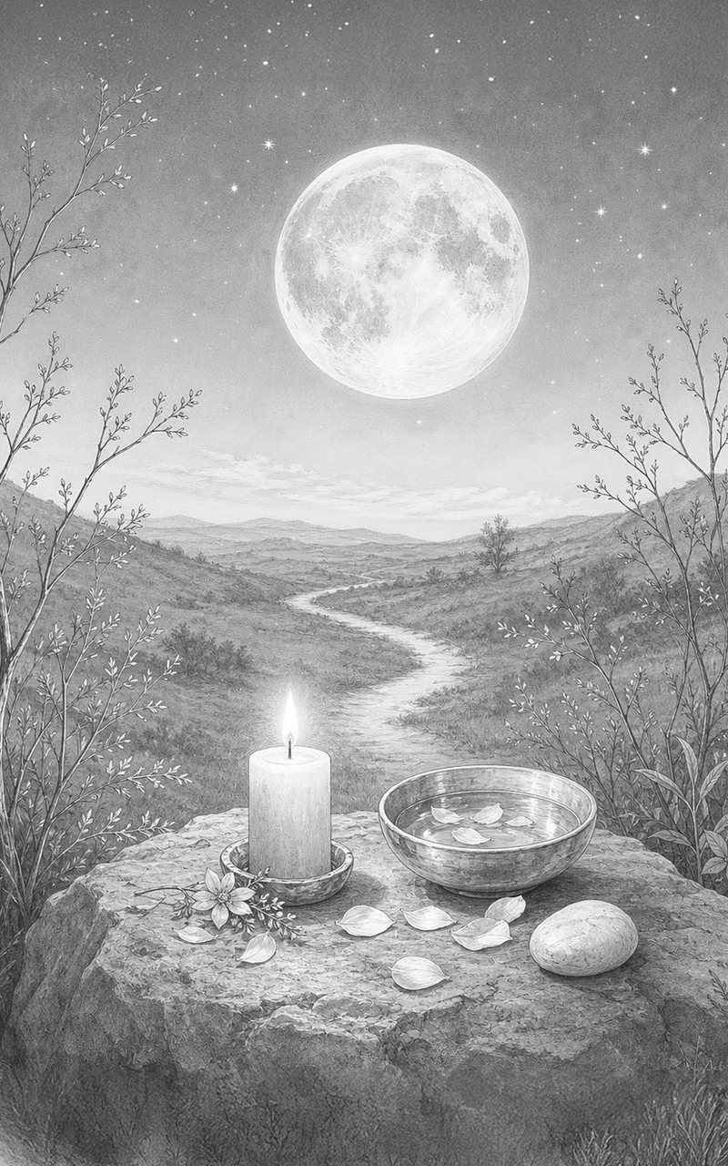 Tavola del congedo: candela, ciotola e petali su una roccia davanti a un sentiero sotto la Luna Piena