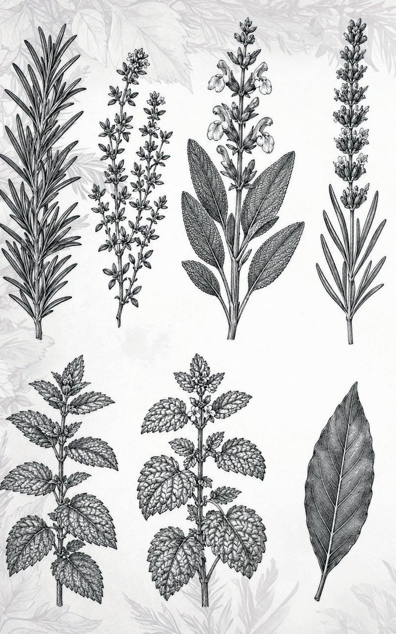 Tavola illustrata: rametti di erbe aromatiche