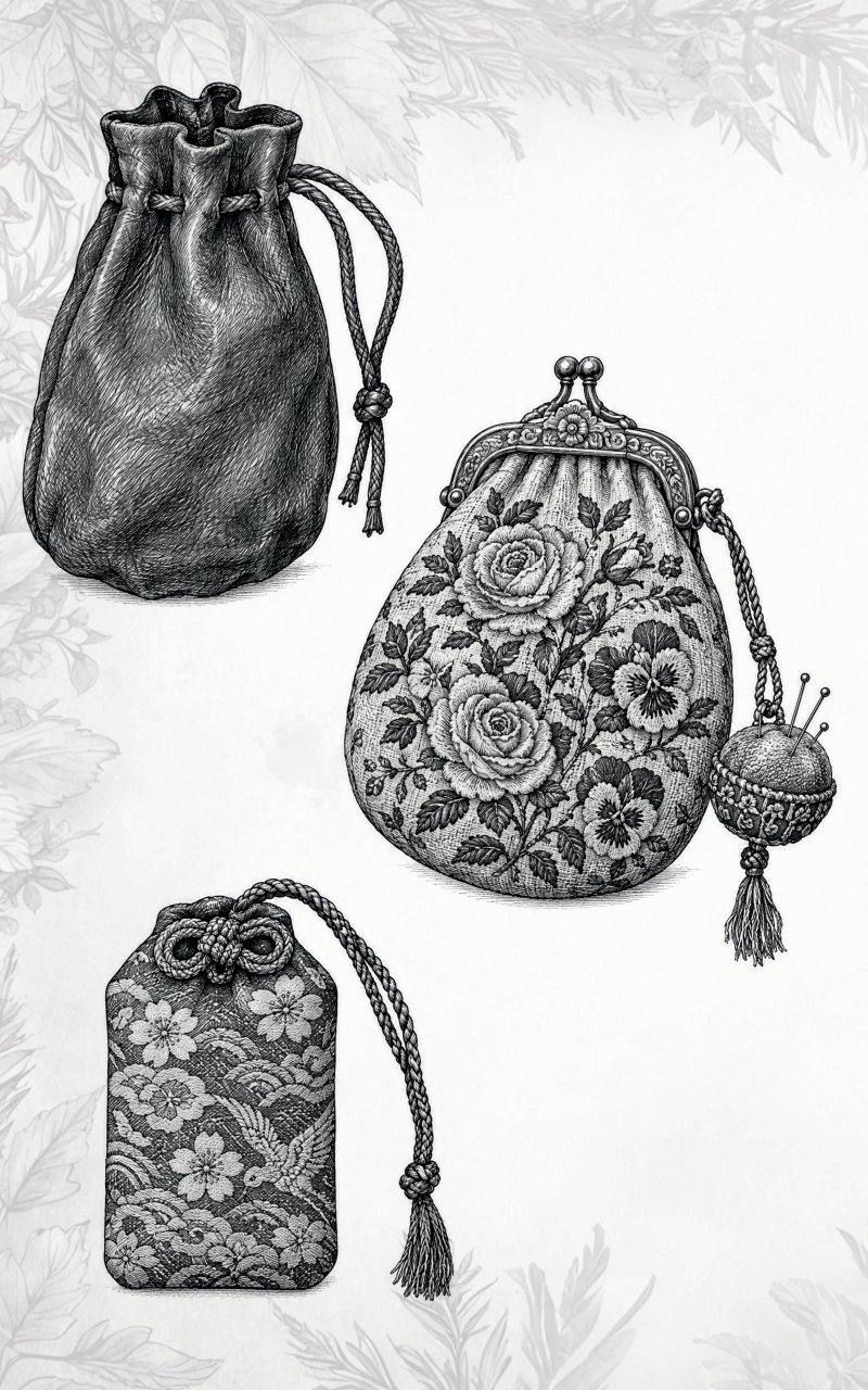 Tavola illustrata: sacchetti antichi di cuoio e di stoffa