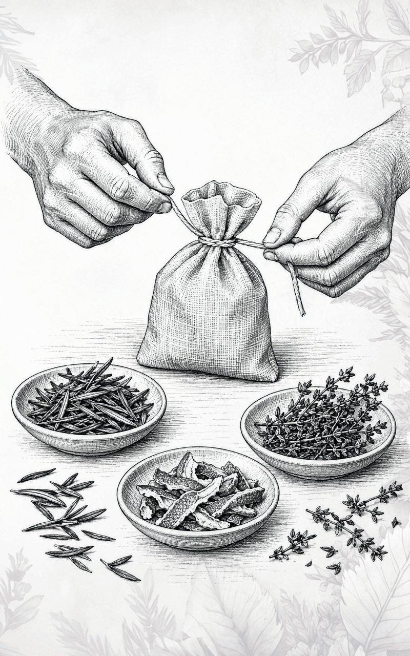 Tavola illustrata: mani che chiudono un sacchetto con il nastro
